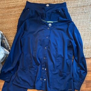 Navy Blue Healing Hands Scrub Jacket and Pant Set
